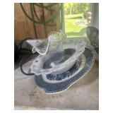 Three folk Art decorative pieces with glassware