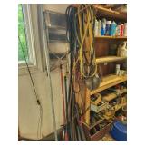 Step stool, jumper cables, misc. pipe, wire, fan