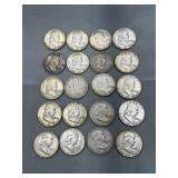 20 Franklin half dollars three 1948, three 1949,