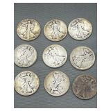 Nine walking liberty half dollars various worn