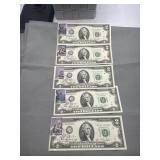 Five 1976 two dollar star notes in sequential
