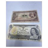 100 Japanese Yen Bill and 1973 1.00 Canada Bill