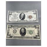 1928 $20 bill, 1929 national currency $10 bill