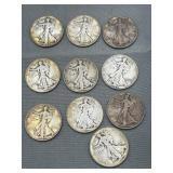 10 Walking liberty half dollars, 1947 1935D 1935D