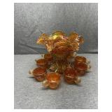 Marigold Carnival glass Punch bowl with 8 cups