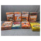 Seven Cereal  boxes with sports and race cars