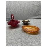 Hobnail basket, 2 Carnival dishes