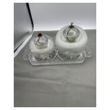 2 glass oil lamps and glass tray.
