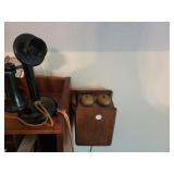 Candlestick telephone with Oak Bell box