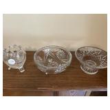 Two crystal bowls and footed rose bowl