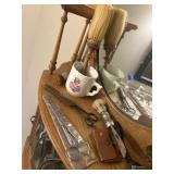 Shaving cup, brushes, scissors.