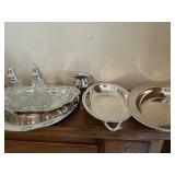 Silver plate, serving platters, salt and pepper