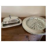 Silver plate platter with divided dish, butter,