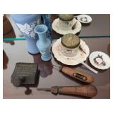 Button hook, vases, stamp, miscellaneous items