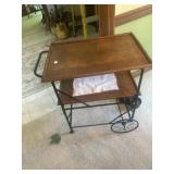 Oak tea cart with metal frame and wheels