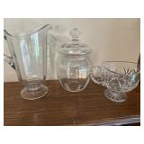 Glass covered, cracker jar, crystal pitcher g