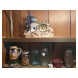 Fish clock, old jars, steins
