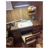 Wood desk and chair, desk lamp, accessories