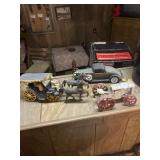 Iron tractor, horses, and buggy, car radio with
