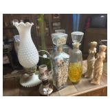 Large vases,  liquor bottles, milkglass lamp,