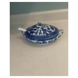 Blue Willow gravy boat with white spoon