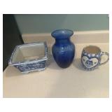 Blue planter & 8' vase and Blue & white mug