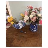 Two blue and white planters, and one duck