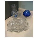 Press, glass bowl, blue vase, and Spooner