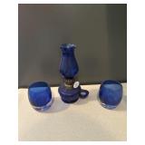 Cobalt blue handle lamp and two blue cups