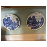 2 Nasco blue & white hanging plates - damage on