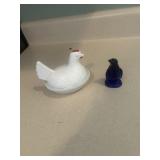 Hen on nest dish and small blue glass penguin