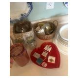 Fruit jars, dishes, basket, glasses, coffee mugs