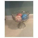 Press glass fruit bowl with glass eggs