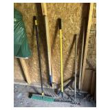 Shovels, rakes, ax, broom, pitchfork, and other