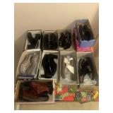 Several pair of ladies, shoes, and new denim caps