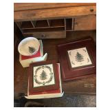 Box with Christmas tree bowl and trivet along