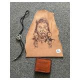 Leather carved Indian, wallet and bolo tie