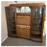Double OAK curved glass secretary / curio cabinet