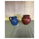 Two Cornelson (Bybee) pottery vases, blue pitcher