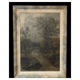 Early "Country Road with Gate" Oil on Canvas Framed Artwork