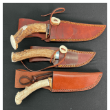 Custom Made Antler Handled Hunting Knives with Leather Sheaths