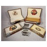 Collection of Cigar Boxes with Can F Beer Bottle