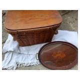 Antique Picnic Basket, Tray & Blanket w/ Fringe
