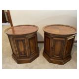 Pair of drum end tables with piecrust tops Pair of drum end tables with piecrust tops