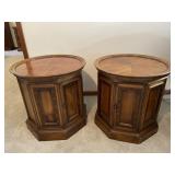 Pair of drum end tables with piecrust tops