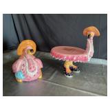 Pink flamingo, cake, stand, and cookie jar