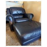 Natuzzi Dark Blue Leather Chair with Ottoman