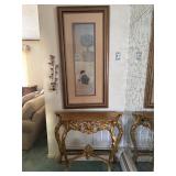 Golden Hall Table, Framed Picture, & Wall Sconce.