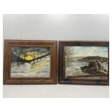 Framed Paintings: Fall Waterscape and Winter Snow