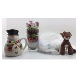 Christmas Lot with Snowman Pitcher, Vase with